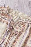Beige V Neck Lantern Sleeve Drawstring Tribal Print Top