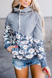 Gray Floral Splicing Cowl Neck Hoodie