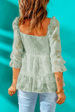 Green Square Neck Smocked Puff Sleeve Blouse