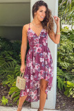 Burgundy Floral High-low Dress with Lace Back