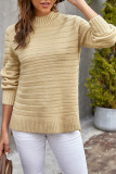 Khaki Solid Color Stand Collar Textured Sweater
