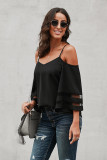 Black Spaghetti Straps Cold Shoulder Mesh Insert Bell Sleeve Blouse