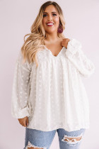 White V Neck Lantern Sleeve Swiss Dot Plus Size Blouse
