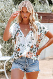 White Floral Print Buttons Tiered Ruffled Shot Sleeve Shirt