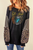 Black Fall Pumpkin Graphic Leopard Striped Sleeve Top