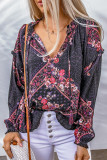 Red Floral Dotted Print Frilled Drawstring V Neck Blouse