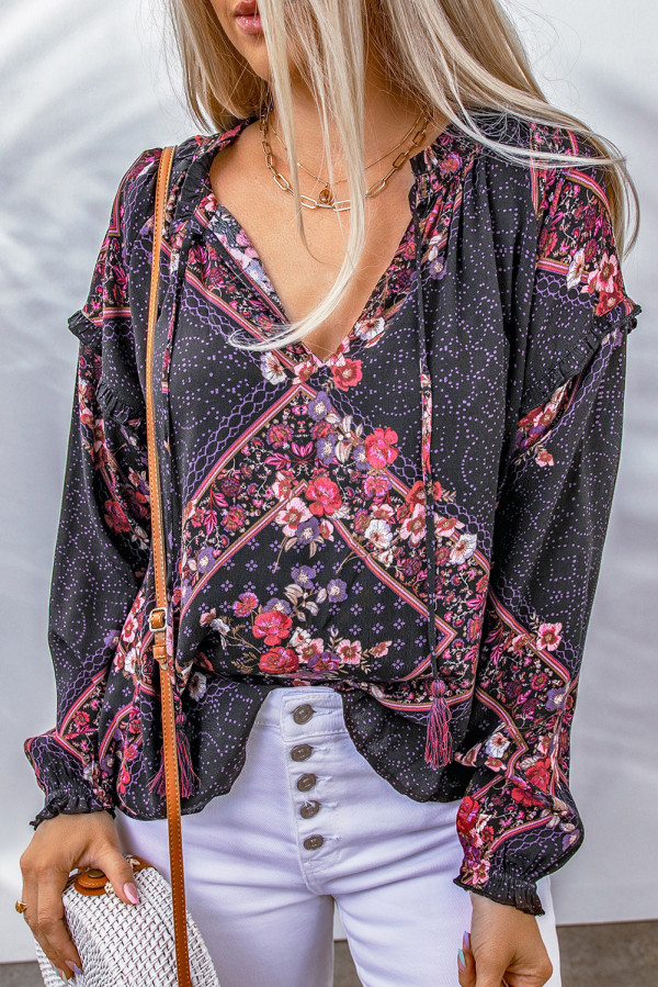 Red Floral Dotted Print Frilled Drawstring V Neck Blouse