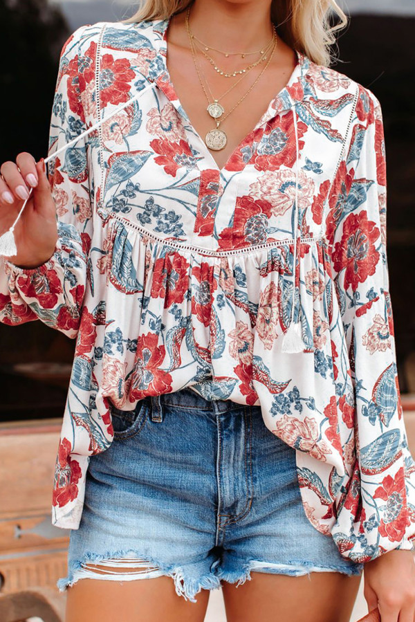 Split Neck Bubble Sleeve Floral Patchwork Blouse