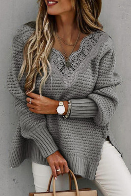 Gray Lace Scalloped V-Neck Side Split Loose Sweater