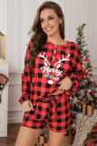 Christmas Plaid Letter Print Long Sleeve Top and Shorts Loungewear