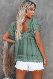 Green Lace Pom Pom Splicing Square Neck Blouse