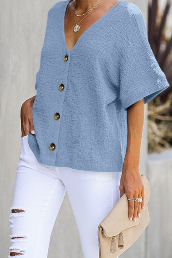 Sky Blue Soak It Up Cotton Button Down Blouse