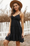 Black Spaghetti Straps Ruched Ruffled Mini Dress