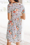 Striped Flower Short Sleeve Flowy Midi Dress