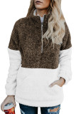 Brown White Zip Neck Oversize Fluffy Fleece Pullover