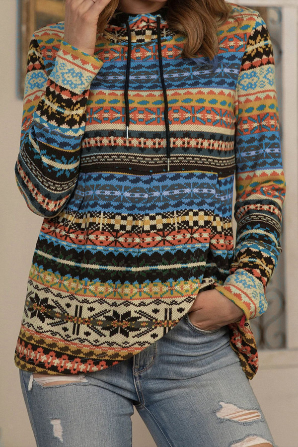 Multicolor Tribal Print Pullover Hoodie
