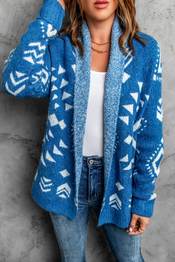 Blue Aztec print Open Front Knitted Sweater