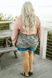 Pink V Neck Waffle Knit Leopard Splicing Plus Size Top