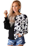 Black Cow Patchwork Waffle Knit Long Sleeve Top