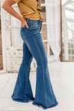 Blue Raw Hem Flared Jeans with Pockets