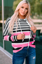 Rose Multi Striped Drawstring Long Sleeve Hoodie