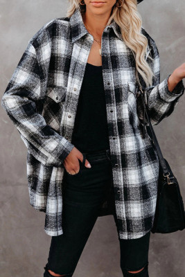 Black Buttons Pocketed Plaid Shacket