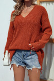 Ripped Raw Edge V Neck Plain Knit Sweaters