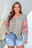 Leopard Color Block V Neck Plus Size Top