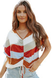 Multicolor Stripe V-Neck Ruffle Sleeve Ruched Top