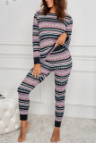 Pink Pink/Gray Christmas Pattern Print Long Sleeve Top and Skinny Pants Home Suit