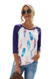 Purple Feather Print three quarter Sleeve Top