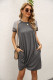 Dark Gray Stripe O-neck Twist Short Sleeve Dress with Pocket