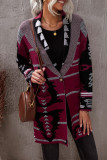 Wine Red Lapel Collar Geometric Print Knit Cardigan