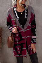 Wine Red Lapel Collar Geometric Print Knit Cardigan