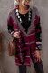 Wine Red Lapel Collar Geometric Print Knit Cardigan