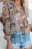 Khaki Printed Long Sleeve V-Neck Drawstring Shirt
