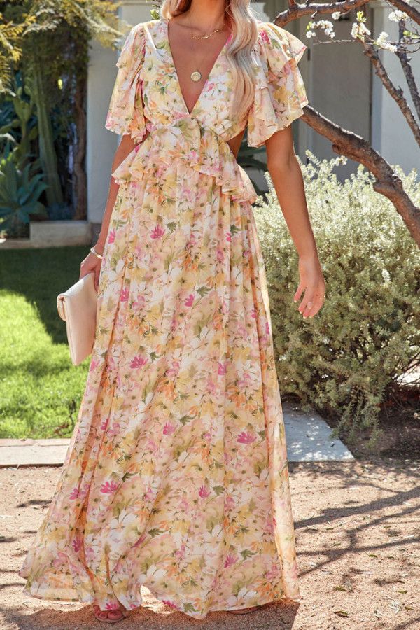 Deep V Neck Floral Print Hollow Waist Dress Unishe Wholesale