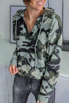Camouflage Drawstring V Neck Hoodie