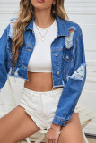 Blue Ripped Open Button Short Length Denim Jackets