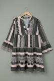 Green Geometric Print V neck Flare Half Sleeve Ruffle Swing Mini Dress