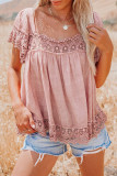 Pink Lace Pom Pom Splicing Square Neck Blouse