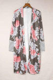 Brown Striped Cuffs Floral Print Long Cardigan