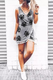 Gray Palm Leaves Print Tassel Wrap V-Neck Mini Dress