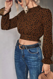 Spot Print Ruffle Neck Back Hollow Out Long Sleeves Crop Top