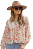 Red Floral Print Lace Contrast V Neck Blouse