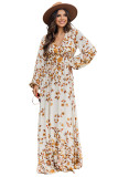 Yellow Leaf Print V Neck Puff Sleeve Maxi Dress