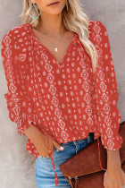 Printed Long Sleeve V-Neck Drawstring Shirt