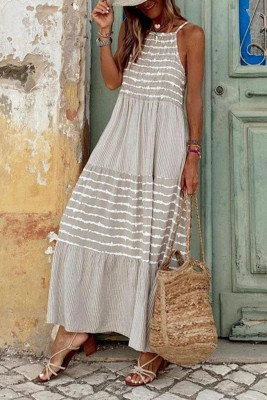 Gray Stripe Patchwork Halter Neck Maxi Dress
