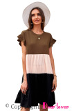 Khaki Ruffled Short Sleeve Colorblock Mini Dress