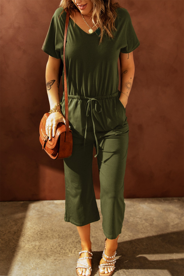 Green V Neck Short Sleeve Jumpsuit